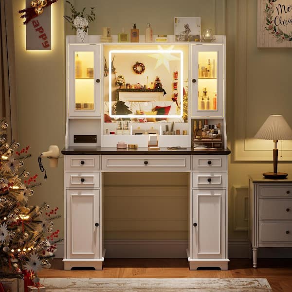 White Vanity Desk with Mirror and Lights, Makeup Vanity with 5-Drawers and Cabinets, Charging Station, 3-Lighting Modes