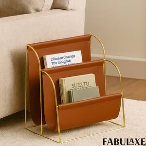 Contemporary Gold-Tone Metal Magazine Holder with Two Spacious Brown Faux Leather Compartments
