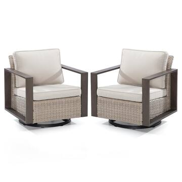 Wicker Outdoor Rocking Chair Patio Swivel Chair with Metal Frame and Beige Cushions