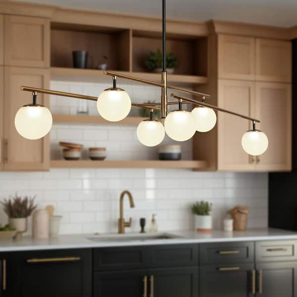 Transitional 6-Light Brass Linear Integrated LED Island Pendant Light, Globe Frosted Glass Chandelier for Dining Room