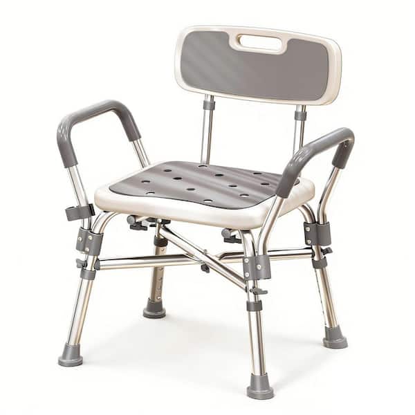 White Aluminum Shower Chair with Arms and Back, Height Adjustable, Bench Stool for Elderly and Disabled, 550 lbs.