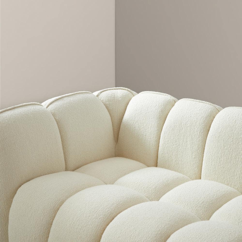 Cream White Tufted Microfiber 3-Seater Sofa with Wood Base
