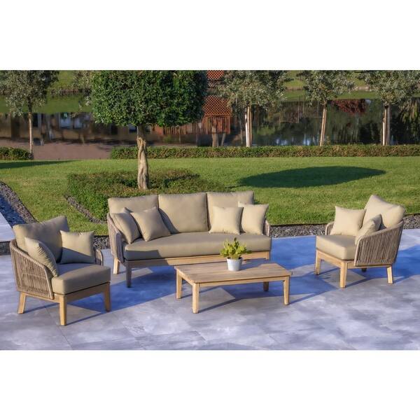 Outsy Eve 4-Piece Patio and Backyard Wood Aluminum and Rope Conversation Set in Grey