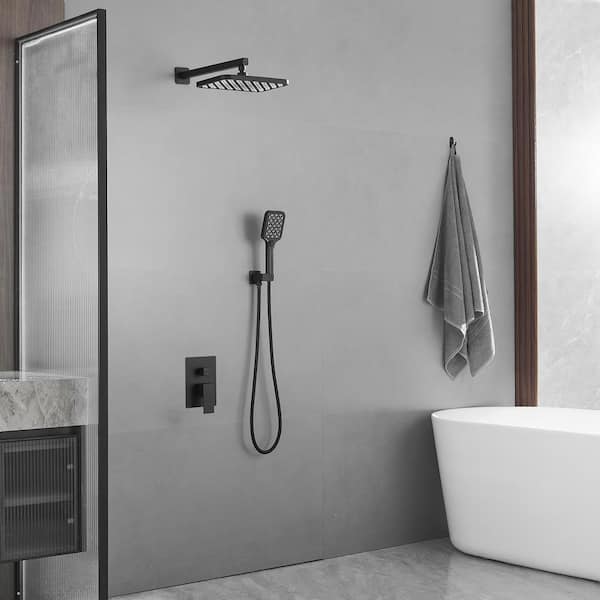Rainfall 2-Handle 2-Spray 12 in. Square High Pressure Shower Faucet in Matte Black (Valve Included)