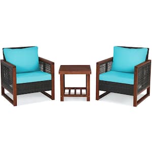 3-Piece Wood Patio Conversation Set with Turquoise Cushions
