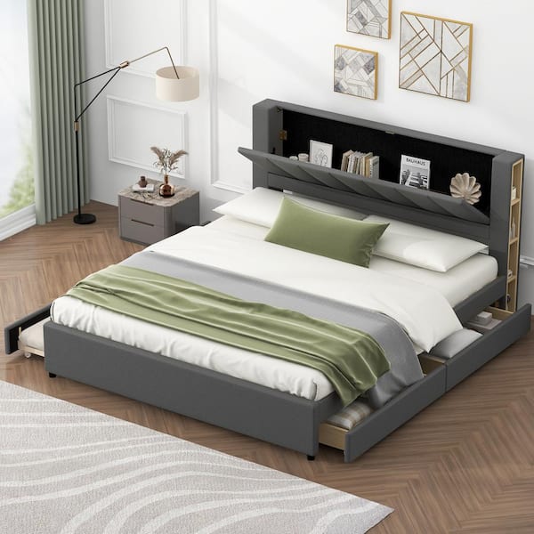 Harper & Bright Designs Gray Wood Frame King Size PU Leather Upholstered Platform Bed with 2 Drawers, Storage Headboard, Twin Trundle