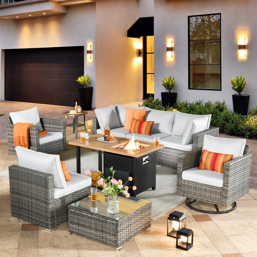 Lydia Gray 9-Piece Wicker Patio Rectangular Fire Pit Set with Gray Cushions and Swivel Rocking Chairs price history on PriceWatchPro