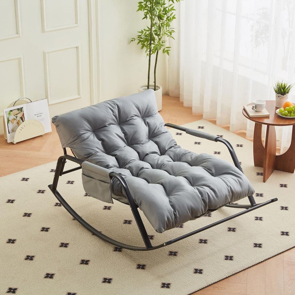 Indoor Outdoor Extra-Wide PU Upholstered Gray Rocking Chair, Round Saucer R