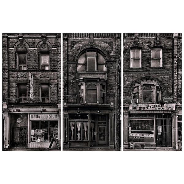 Empire Art Direct Historic Brownstone Trio Buildings Free Floating Reverse Unframed Printed Tempered Art Glass Wall Art 72 in. x 36 in .