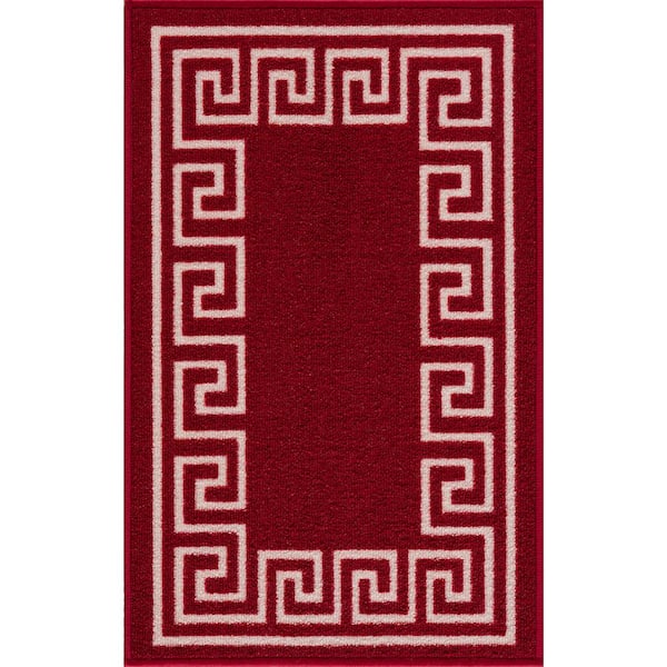 PLAYA RUG Carpet Mat Greek Key Design Slip Resistant, Burgundy Red, 19.5 in. x 32 in.