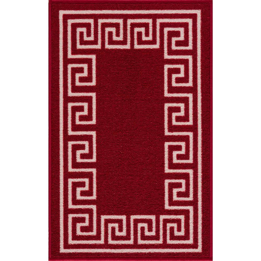 Carpet Mat Greek Key Design Slip Resistant, Burgundy Red, 19.5 in. x 32 in.