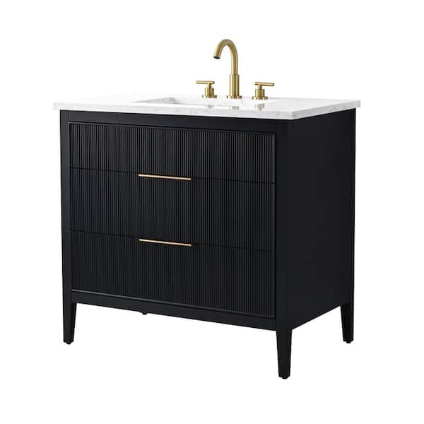 Emma 36 in. W Bath Vanity in Black with Engineered Stone Top in Arabescato with White Sink