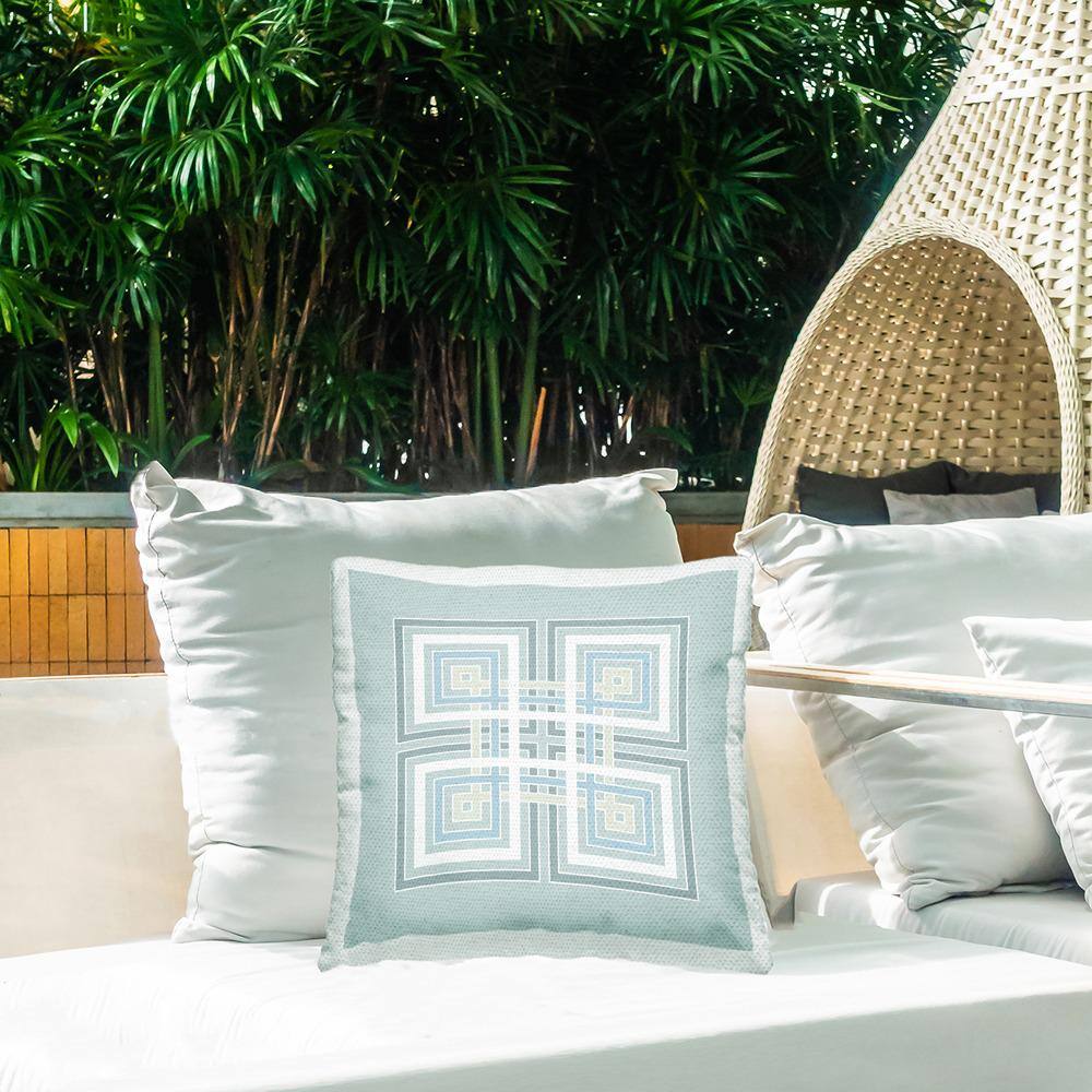 Turquoise and White Geometric Square Outdoor Throw Pillow