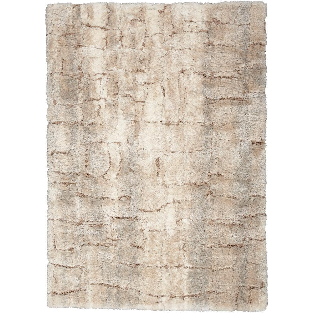 Ivory Beige Abstract Shag Synthetic Rectangular Rug 5'3" x 7'3"