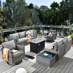 Messi Gray 11-Piece Wicker Patio Conversation Sectional Sofa Fire Pit Set with Swivel Chairs and Dark Gray Cushions