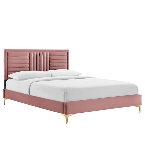 MODWAY Sofia in Dusty Rose Red Channel Tufted Performance Velvet Frame Queen Platform Bed