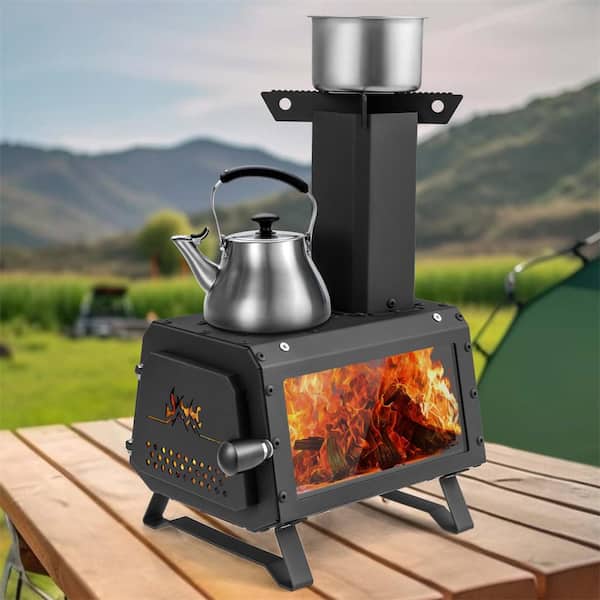 Portable Wood Burning Stove Smoker in Black with 2-Cooking Positions