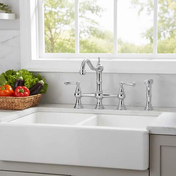 Antique Design Double Handle Bridge Kitchen Faucet with Side Sprayer in Polished Chrome