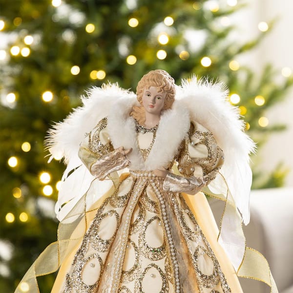 Glitzhome 18.5 in. H Faux Fur & PVC Christmas Elegant Angel Tree