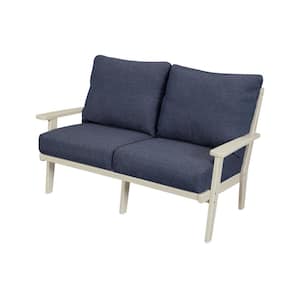 Grant Park Sand Deep Seating Plastic Outdoor Loveseat with Stone Blue Cushions
