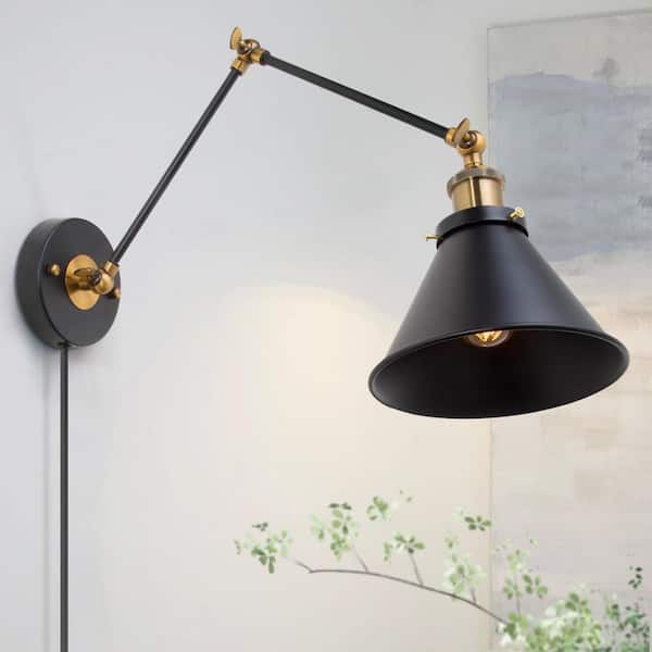 Vintage Brass Wall Swing Arm Sconce Light Drum Shade Adjustable Arm Plug-In New 