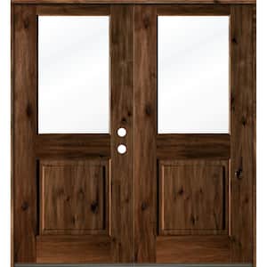 64 in. x 80 in. Rustic Knotty Alder Wood Clear Half-Lite provincial stain Left Active Double Prehung Front Door