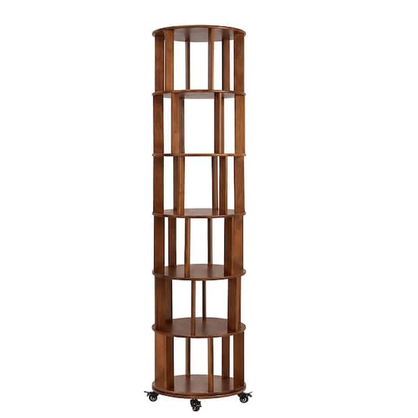 Walnut Solid Wood 77.9 in. Tall 6-Shelf Rotating Bookcase with 360° Spinning Design, Wheels