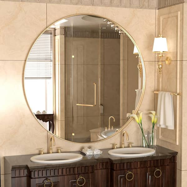 30 in. W x 30 in. H Large Round Stainless Steel Bathroom Mirror Vanity Mirror Wall Decorative Mirror in Brushed Gold