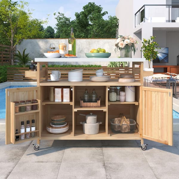Farmhouse 50 in. Solid Wood Outdoor Island Grill Carts in Natural with Stainless Steel Top, Spice Rack, Towel Rack