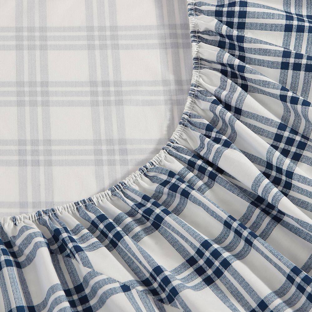 Navy and White Plaid Cotton Percale Queen Sheet Set