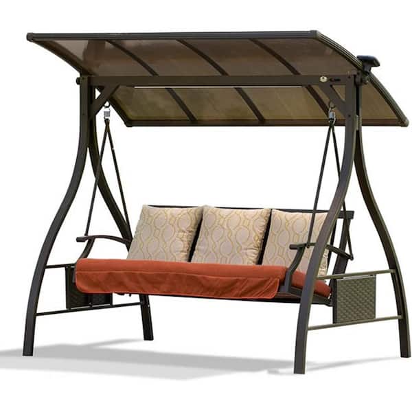 OLUMAT Metal Patio Swing with Cushion and Solar LED Light in Brown