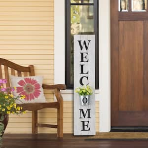 Wooden White Welcome Porch Sign with Metal Planter