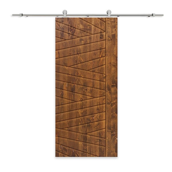 CALHOME 30 in. x 96 in. Walnut Stained Pine Wood Modern Interior Sliding Barn Door with Hardware Kit