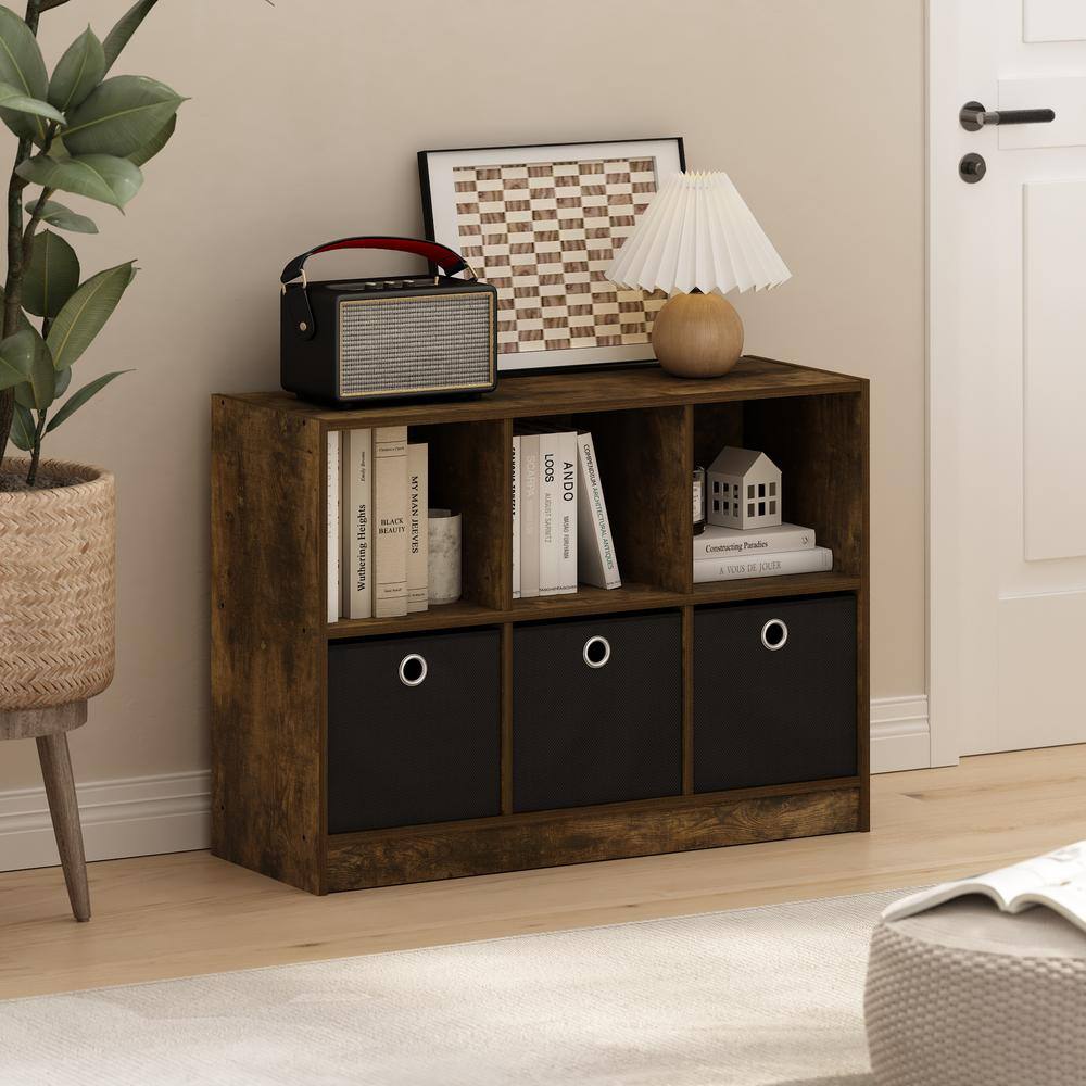 Basic 23.6 in. Tall Amber Pine/Black Wood 6-Shelf Bookcase with Storage Bin