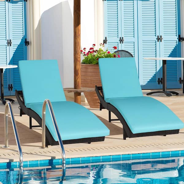 Foldable Wicker Rattan Patio Chaise Lounge Chair with 5 Back Positions Turquoise Cushion (Set of 2)