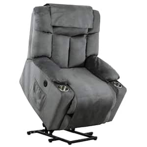 36"W Blue Gray Microfiber Oversize Power Lift Recliner Chair with 2 Cup Holder and USB and Chair Covers