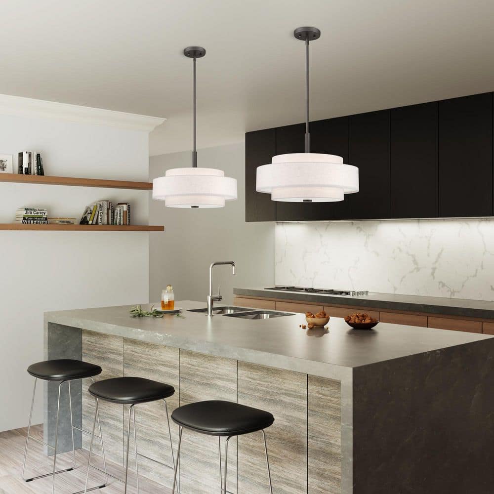 Meridian English Bronze 4-Light Indoor/Outdoor Drum Pendant with Oatmeal Shade