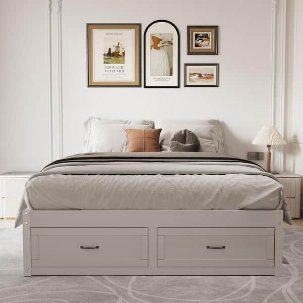 Qualler Antique White Wooden Frame Queen Size Platform Bed with 6 Underneath Drawers
