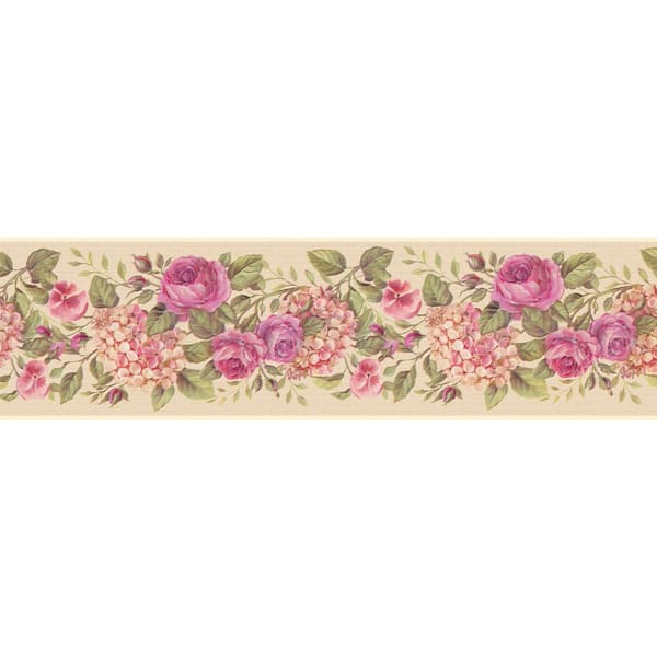 Dundee Deco Falkirk Dandy Pink, Cream Blooming Roses, Hortensia Floral Peel and Stick Wallpaper Border