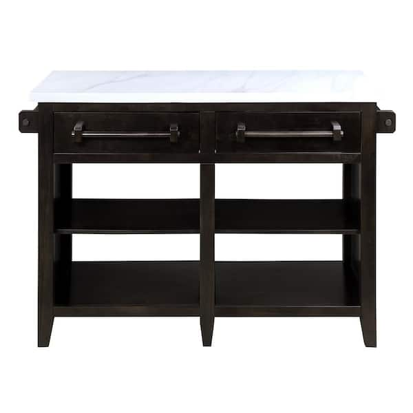 Aoibox Espresso Finish Marble Top 28 in. Kitchen Island with Towel