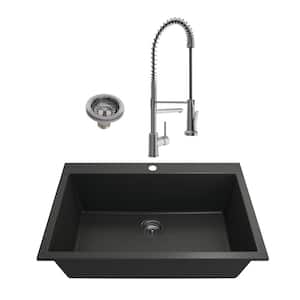 Campino Uno Matte Black Granite Composite 33 in. Single Bowl Drop-In/Undermount Kitchen Sink with Faucet