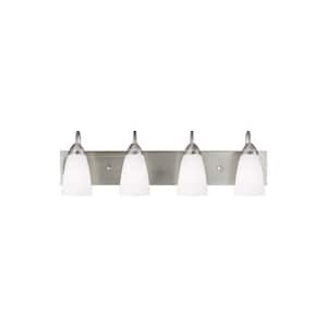 Seville 28 in. 4-Light Brushed Nickel Transitional Modern Wall Bathroom Vanity Light with White Etched Glass Shades