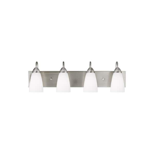Generation Lighting Seville 28 in. 4-Light Brushed Nickel Transitional Modern Wall Bathroom Vanity Light with White Etched Glass Shades