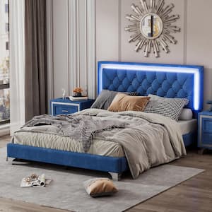 Blue Wood Frame Queen Size Velvet Platform Bed with Tufted Headboard and LED Lights