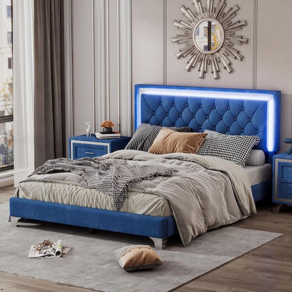 Harper & Bright Designs Blue Wood Frame Queen Size Velvet Platform Bed with Tufted Headboard and LED Lights