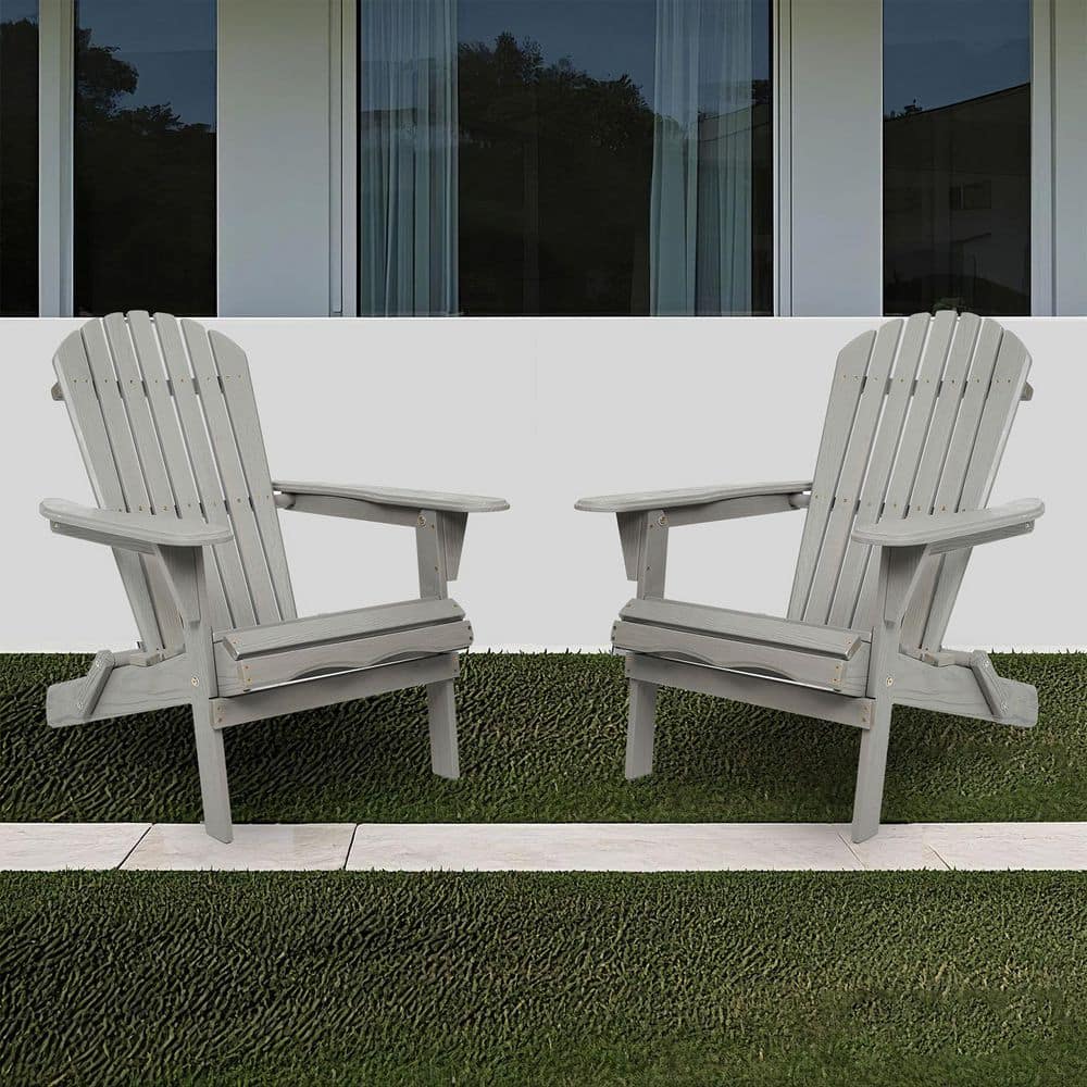 Classic Light Gray Solid Wood Embossed Outdoor Patio Folding Adirondack Cha