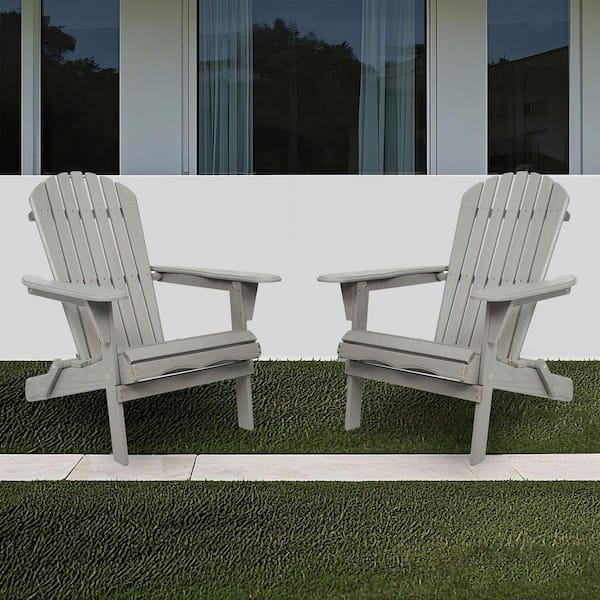 BTMWAY Classic Light Gray Solid Wood Embossed Outdoor Patio Folding Adirondack Chair with Wood Grain, Half Assembled (Set of 2)