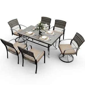7-Piece Metal Patio Outdoor Dining Set with Slat Table and Rattan Arm Chairs with Beige Cushion