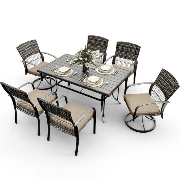 PamaPic 7-Piece Metal Patio Outdoor Dining Set with Slat Table and Rattan Arm Chairs with Beige Cushion