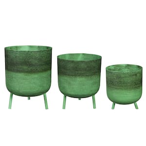 Embossed Green Metal Planters with Legs, Nested Set of 3